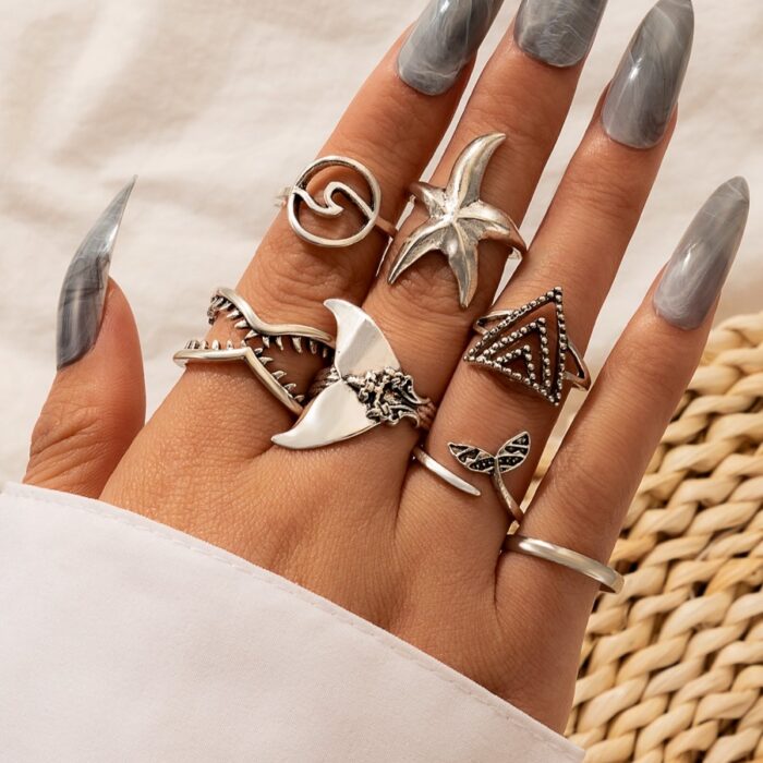 Boho Ring Set 7 Ασημί Δαχτυλίδια Starfish Mermaid