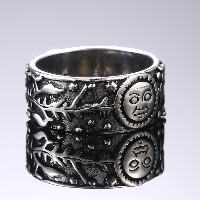 Ασημί Σκαλιστό Δαχτυλίδι Mystic Sun Moon Star