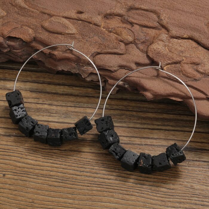 Ασημί Boho Κρίκοι με Κύβους Μαύρης Λάβας