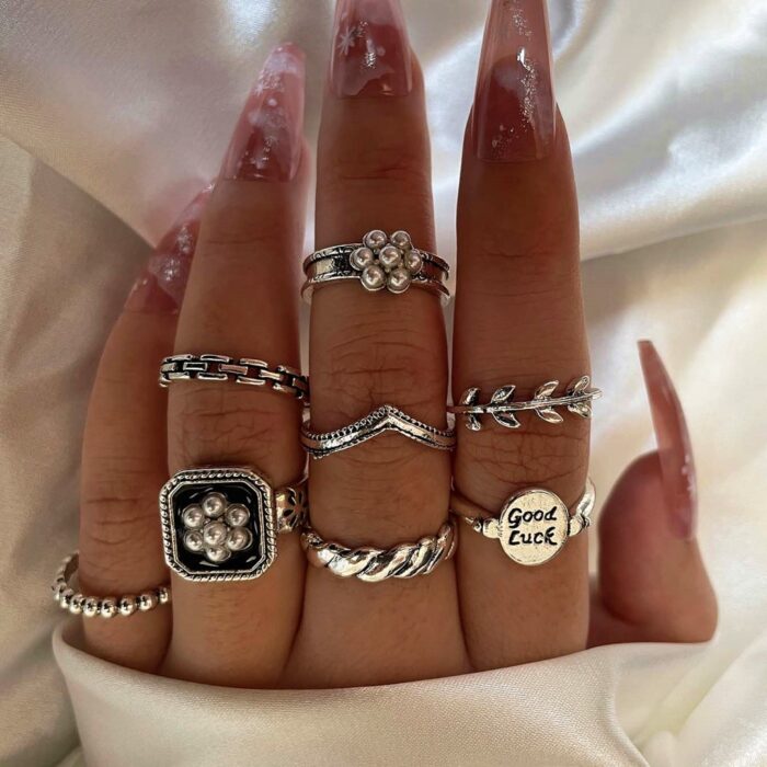 Boho Ring Set 8 Ασημί Δαχτυλίδια Pearl Flowers