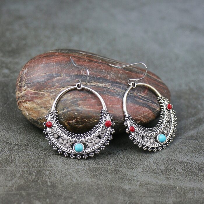 Ασημί Σκαλιστά Ethnic Σκουλαρίκια Red & Turquoise Stones