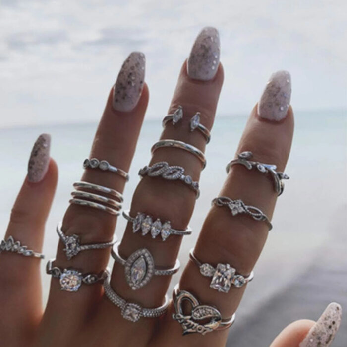 Boho Ring Set 15 Ασημί Δαχτυλίδια Crystal Love