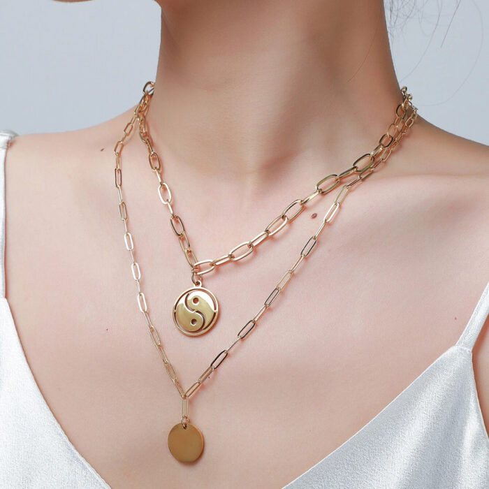 Boho Χρυσο Ατσάλινο Διπλό Κολιέ Yin Yang Discs