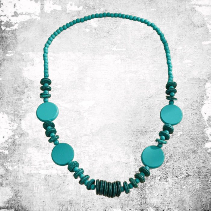 Boho Μακρύ Τυρκουάζ Κολιέ Με Ξύλινες Χάντρες & Δίσκους