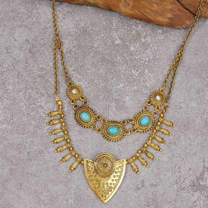 Χρυσό Antique Σκαλιστό Tribal Περιδέραιο με Τυρκουάζ