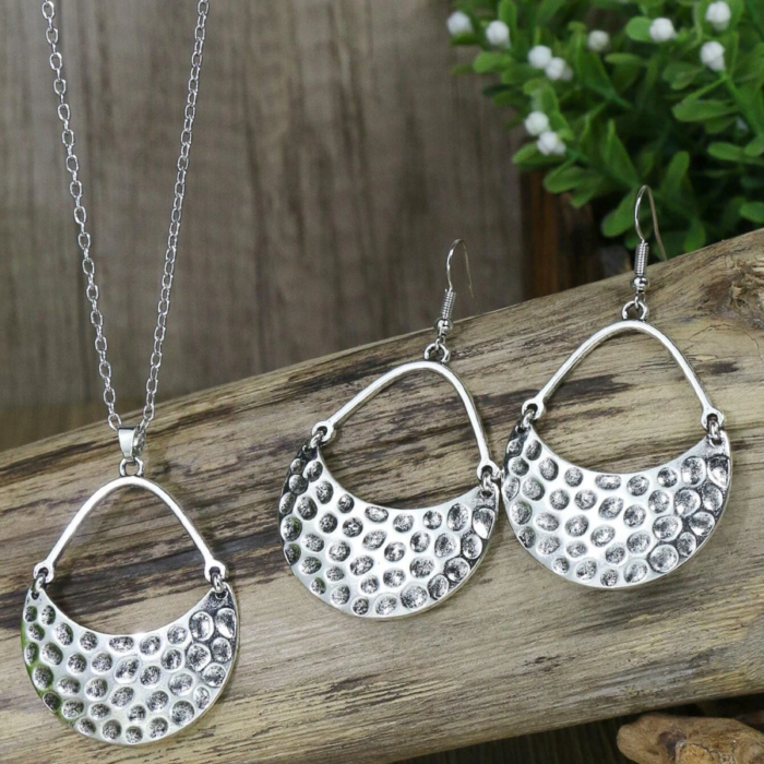 Boho Ασημί Σετ Σφυρήλατα Κολιέ & Σκουλαρίκια Crescents
