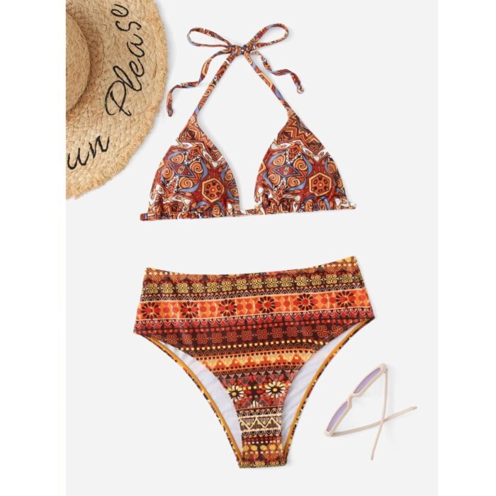 Boho Bikini Set με Πολύχρωμα Γήινα Geo Ethnic Σχέδια