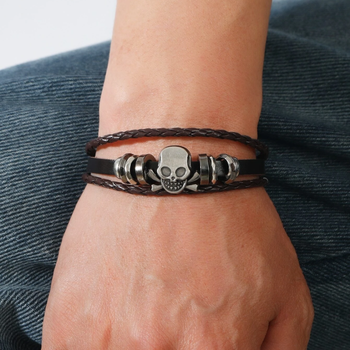 Boho Men Καφέ Βραχιόλι Pu Leather Skull