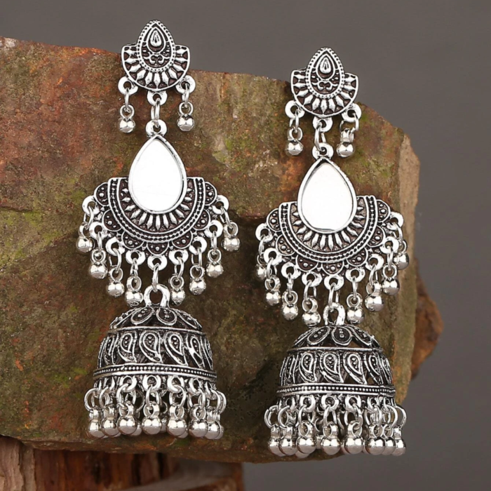 Ethnic Ασημί Σκαλιστά Σκουλαρίκια Jhumka Bell Drop