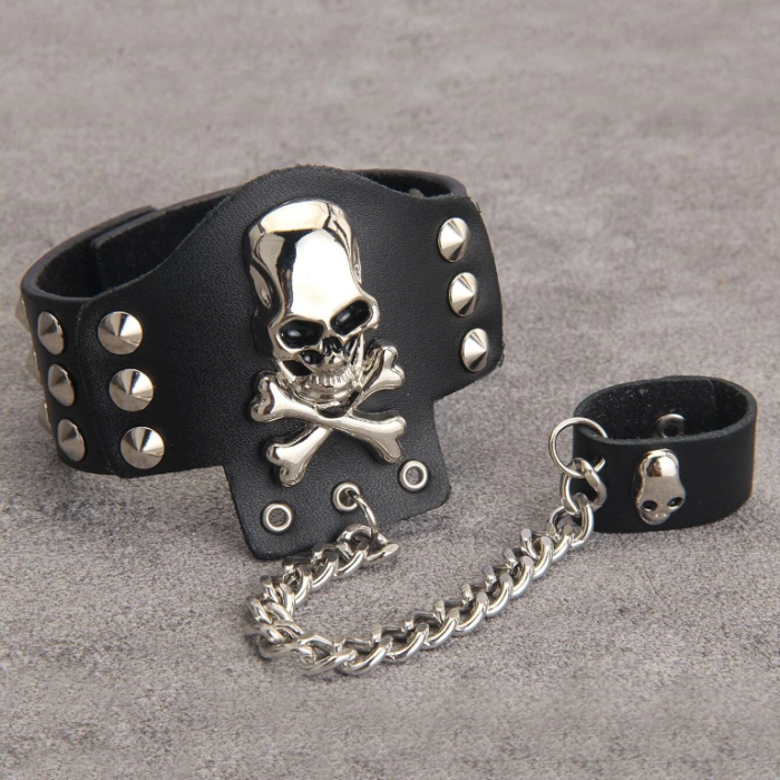 Boho Men Μαύρο Βραχιόλι-Δαχτυλίδι Pu Leather Skull