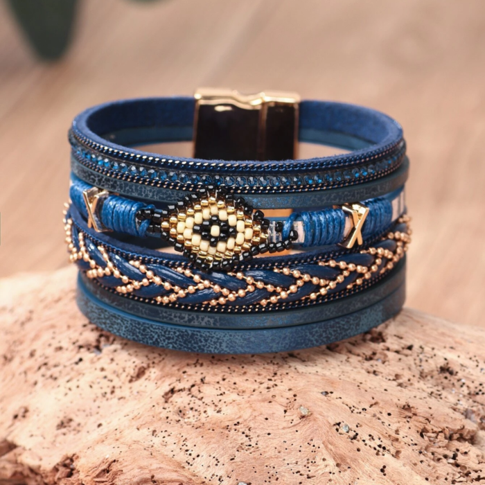 Boho Μπλε Multilayer Βραχιόλι PU με Χάντρες