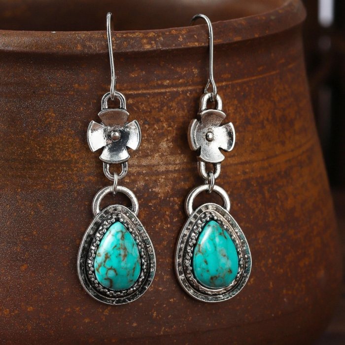 Ασημί Boho Σκουλαρίκια Flower Turquoise Drops