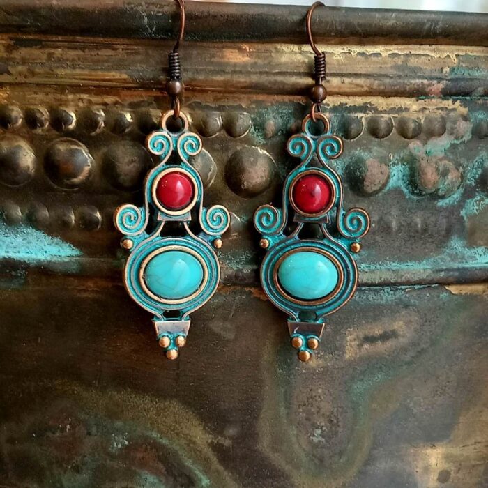 Ethnic Πατιναρισμένα Σκουλαρίκια Turquoise Red Beads