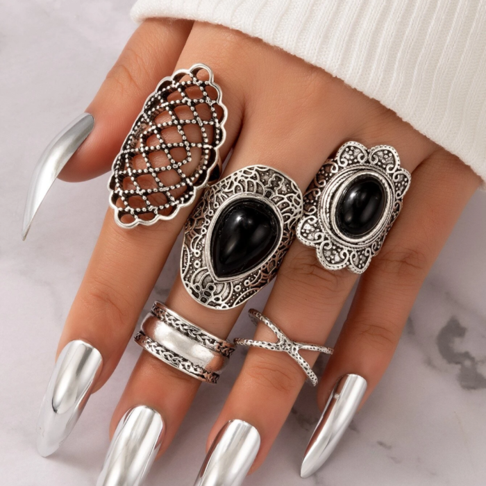 Boho Ring Set 5 Ασημί Δαχτυλίδια με Μαύρες Πέτρες