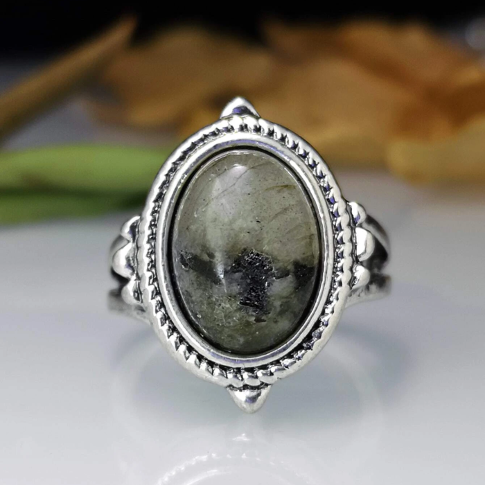 Ασημί Boho Δαχτυλίδι Σκαλιστό με Χαλαζία με Τουρμαλίνη