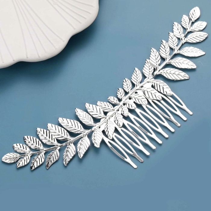 Boho Αρχαιοελληνική Ασημί Χτένα με Φύλλα