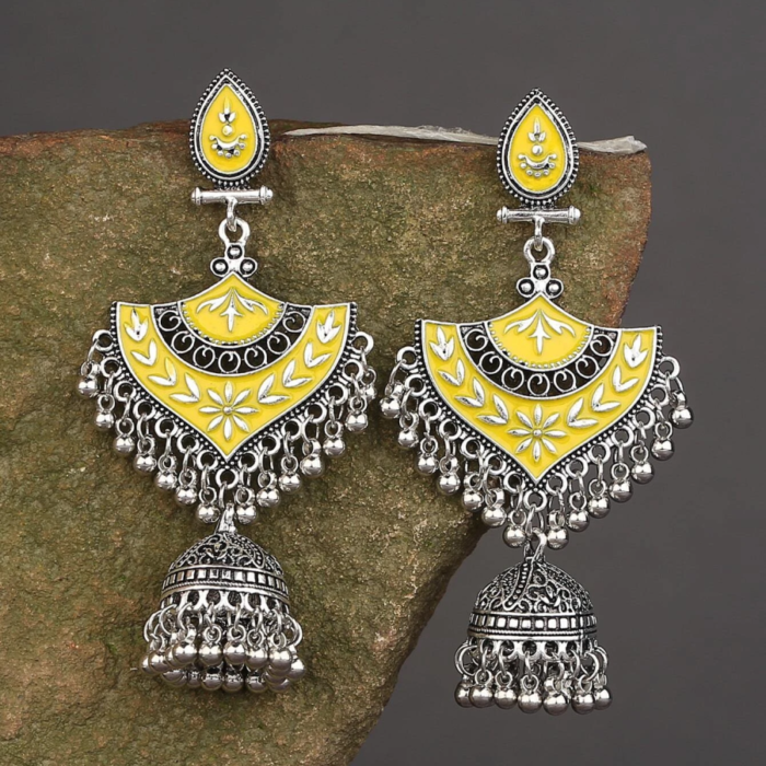 Ασημί Σκαλιστά Σκουλαρίκια Indian με Κίτρινο Σμάλτο