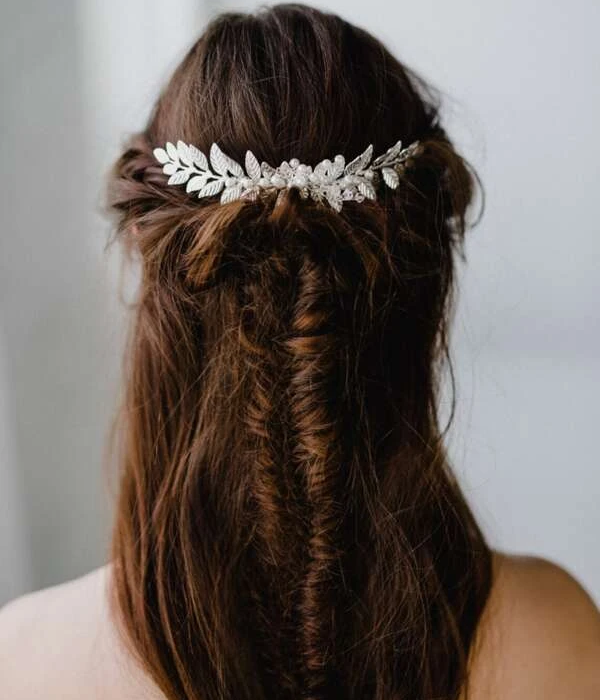 Boho Αρχαιοελληνική Ασημί Χτένα Leaves & Pearls