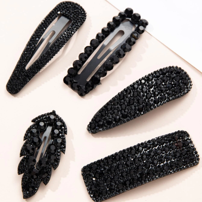 Boho Set 5 Μαύρα Κλιπ Μαλλιών με Κρυστάλλους