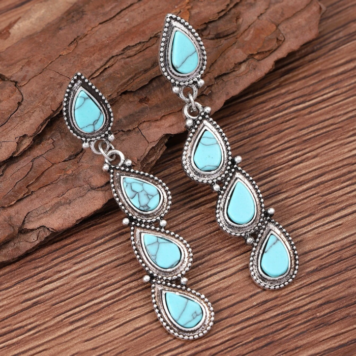 Ασημί Boho Σκουλαρίκια Turquoise Paisley Drops