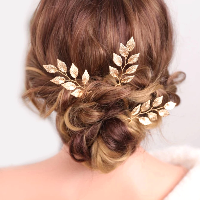 Boho Set 3 Χρυσά Τσιμπιδάκια Μαλλιών με Φύλλα