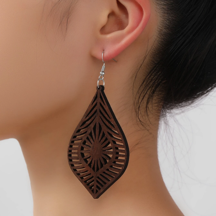 Ξύλινα Διάτρητα Ethnic Σκουλαρίκια Hollow Leaves