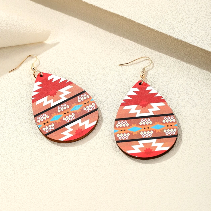 Boho Ξύλινα Σκουλαρίκια Drops Terracotta Aztec Geo