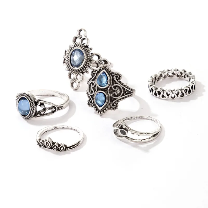 Boho Ring Set 6 Ασημί Σκαλιστά Δαχτυλίδια Blue Opals