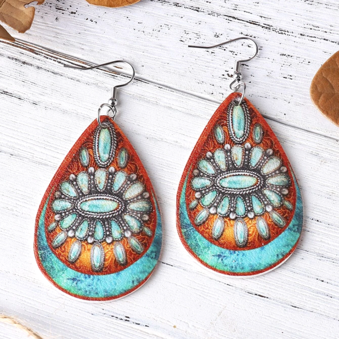 Boho Faux Leather Σκουλαρίκια Ethnic Jewel Drops