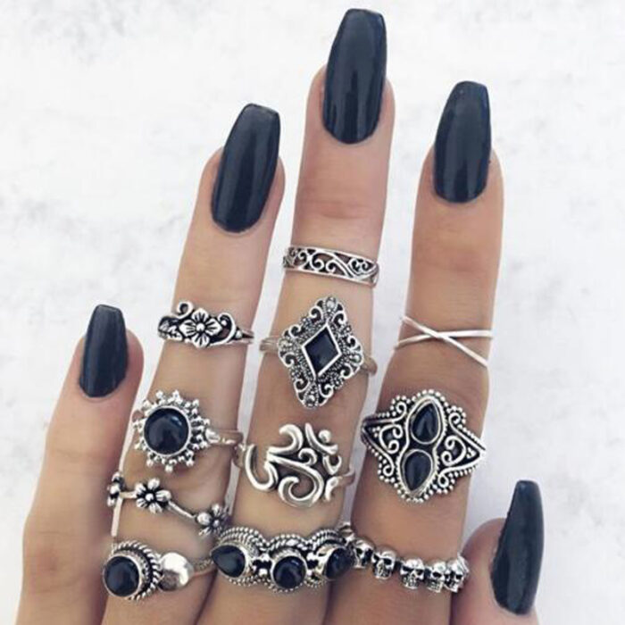 Boho Ring Set 11 Ασημί Δαχτυλίδια Black Stone Skulls