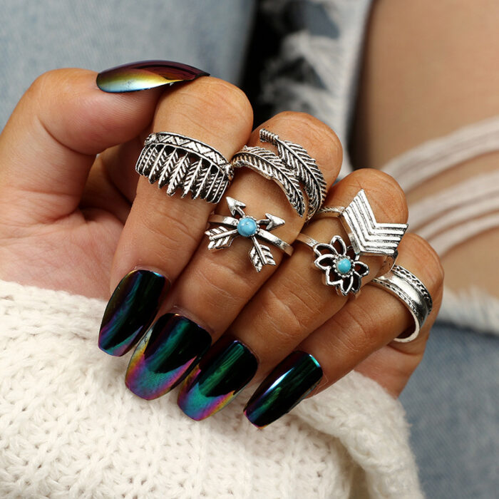 Boho Ring Set 6 Ασημί Σκαλιστά Δαχτυλίδια Lotus Feather