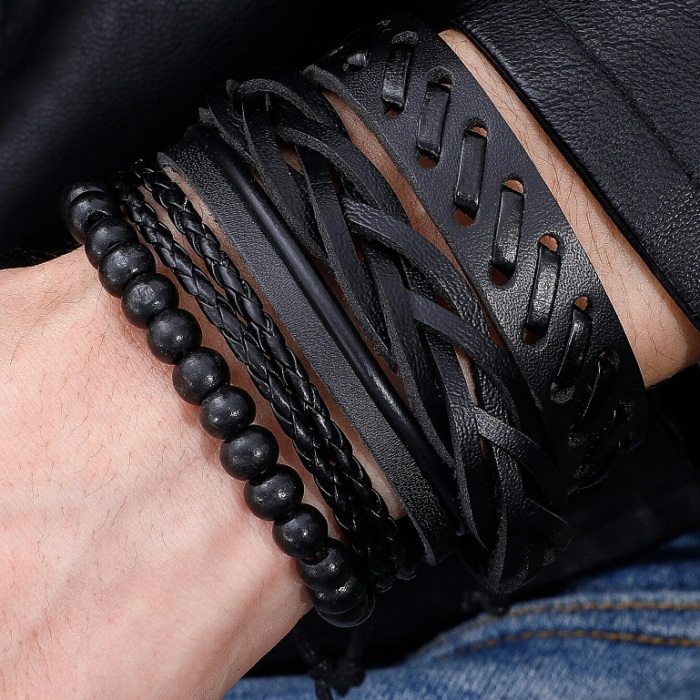 Boho Men Set 4 Μαύρα Πλεκτά Pu Leather Βραχιόλια