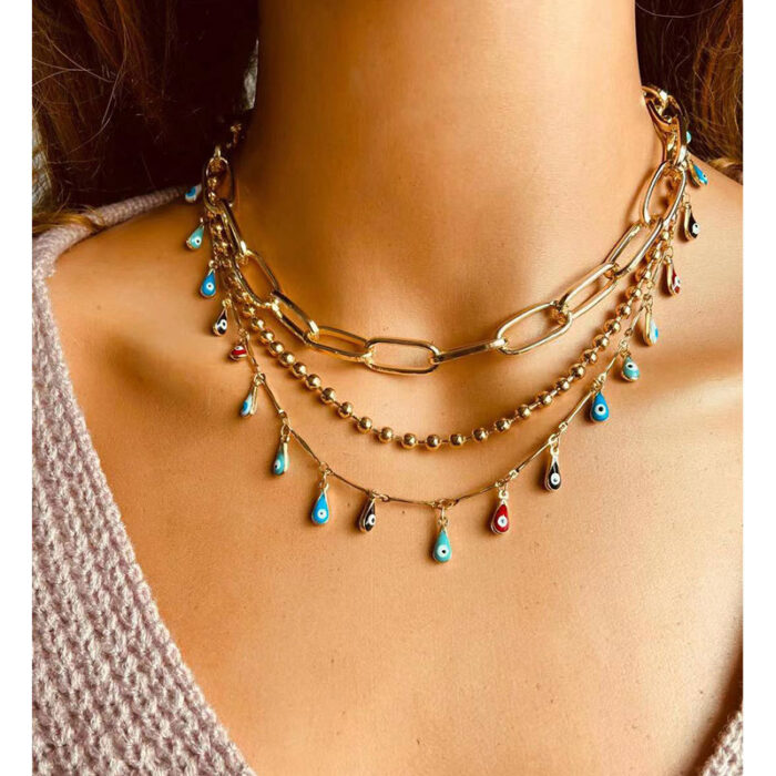 Boho Χρυσό Τριπλό Κολιέ Evil Eye Chains