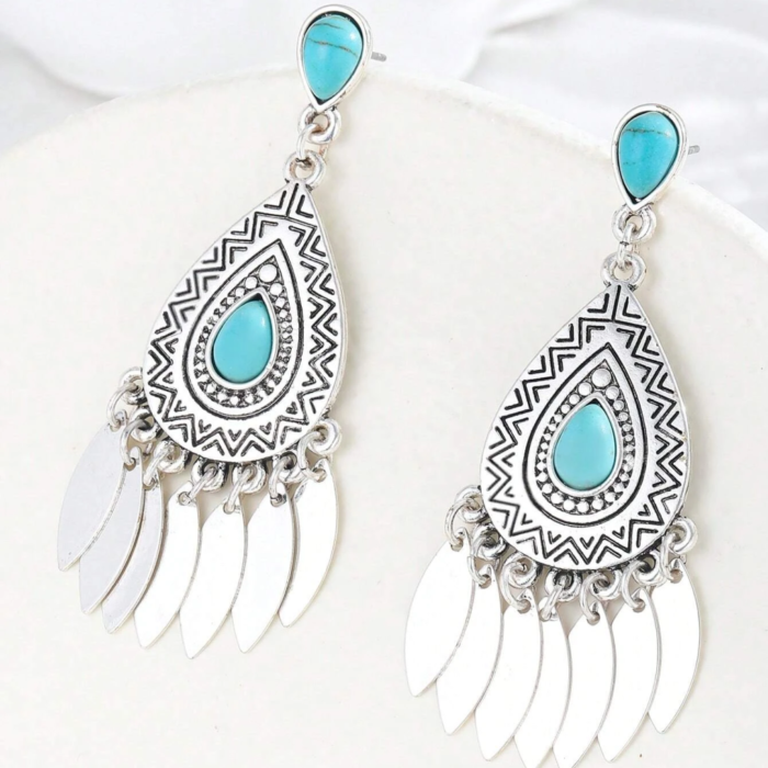 Boho Ασημί Σκουλαρίκια Geo Turquoise με Κρεμαστά Drops
