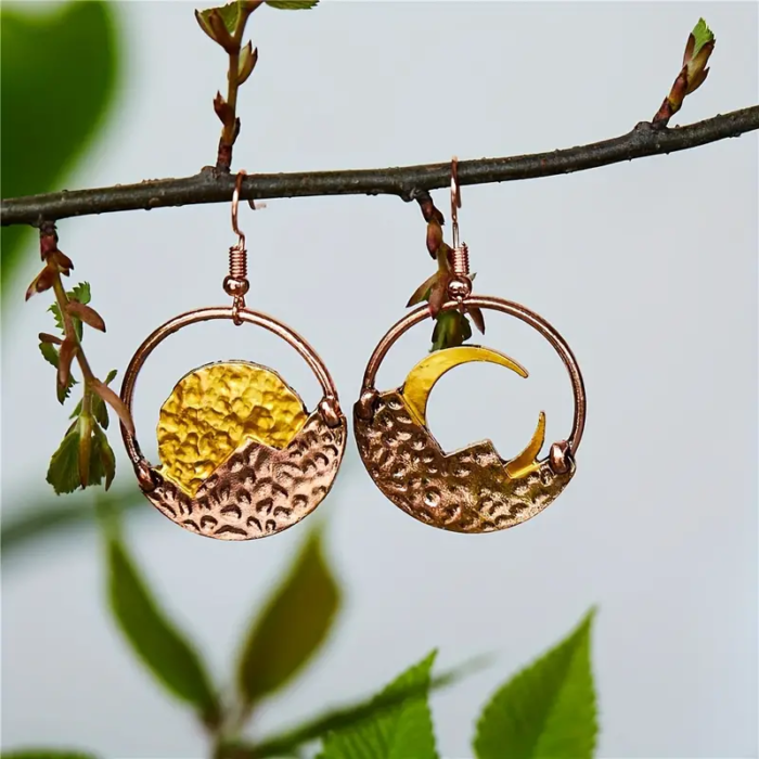 Boho Mystic Δίχρωμα Σκουλαρίκια Κρίκοι Full Moon & Crescent