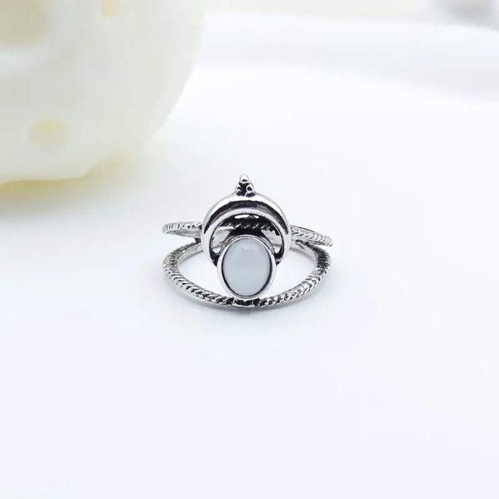 Ασημί Boho Mystic Δαχτυλίδι Opal Crescent Moon