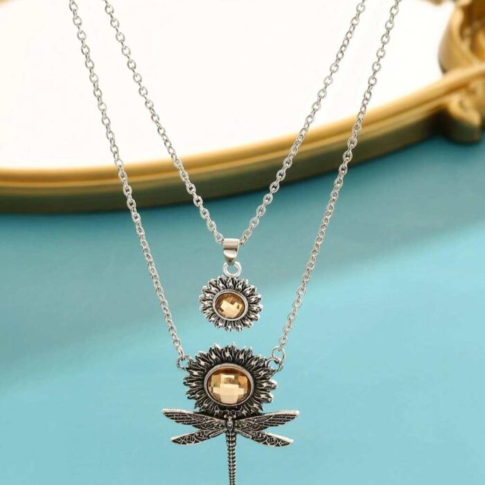 Ασημί Vintage Διπλό Κολιέ Crystal Dragonfly Flowers