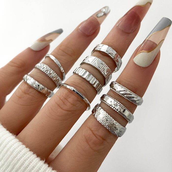 Boho Set 10 Ασημί Σκαλιστά Δαχτυλίδια Βέρες
