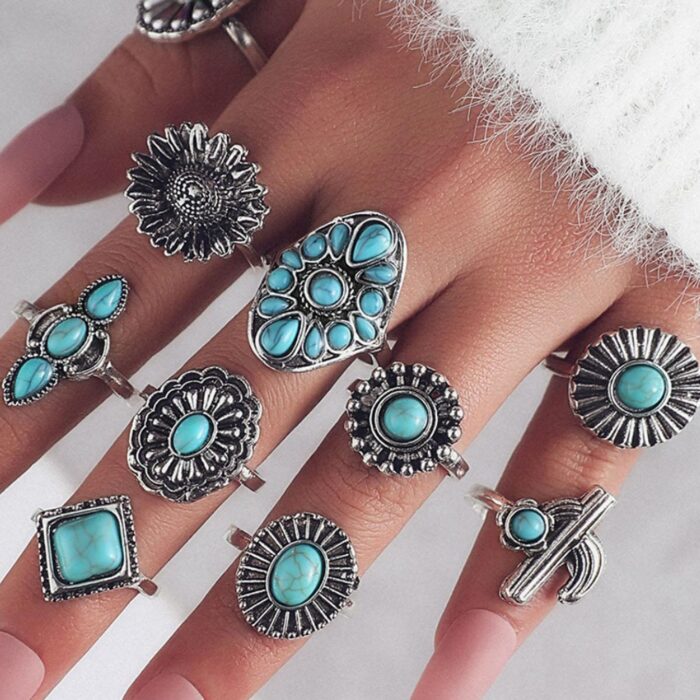 Boho Ring Set 10 Σκαλιστά Ασημί Δαχτυλίδια Discs Flowers