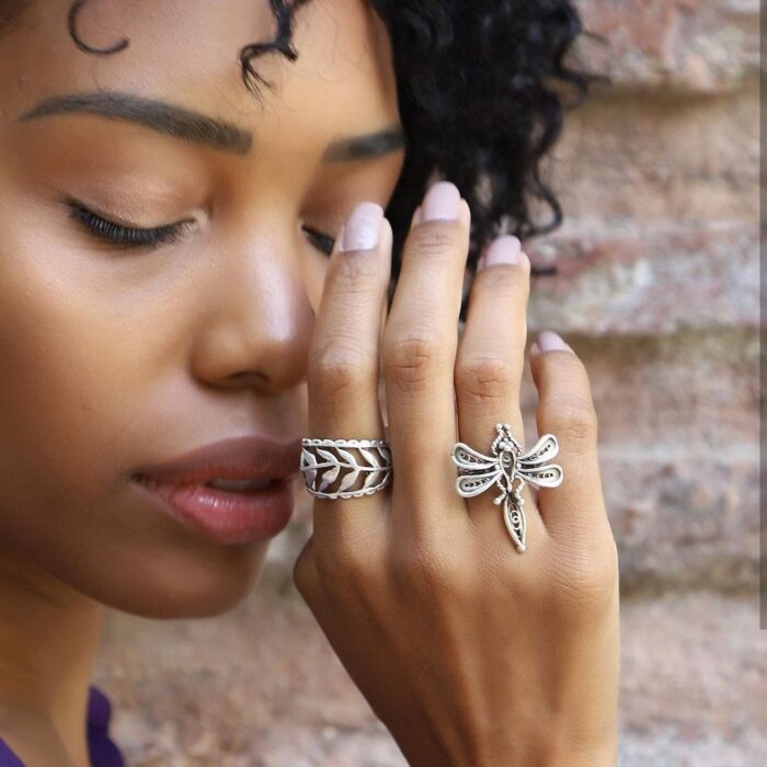 Ασημί Boho Set 2 Σκαλιστά Δαχτυλίδια Hollow Leaf Dragonfly