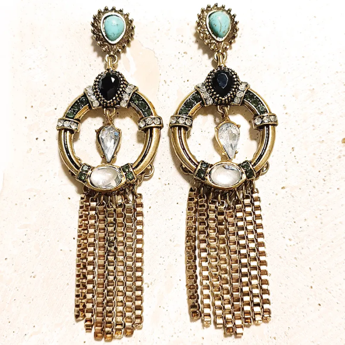 Χρυσά Ethnic Σκουλαρίκια Κρίκοι με Κρυστάλλους και Σειρές Αλυσίδες