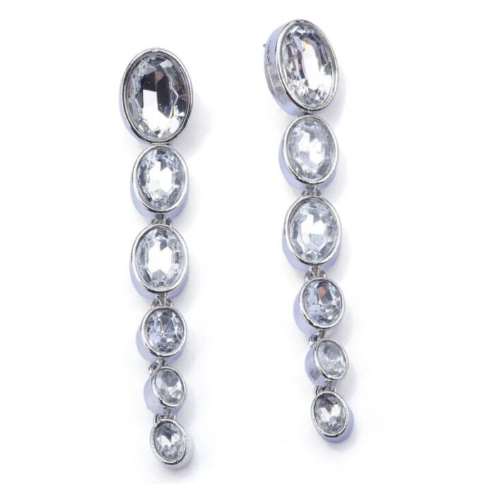 Ασημί Vintage Μακριά Σκουλαρίκια με Οβάλ Κρυστάλλους