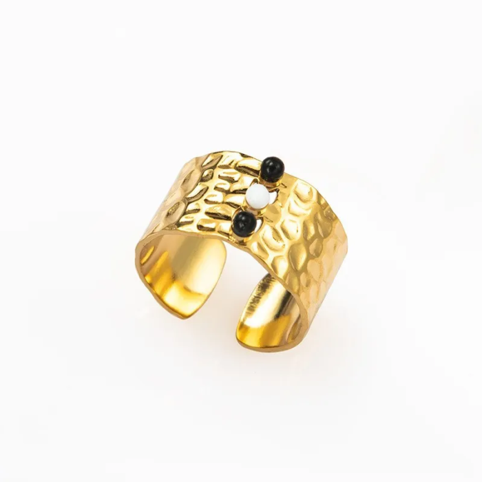 Χρυσό Ατσάλινο Boho Σφυρήλατο Δαχτυλίδι Black & White Stones