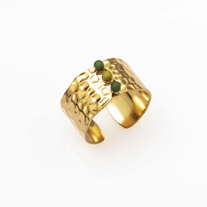 Χρυσό Ατσάλινο Boho Σφυρήλατο Δαχτυλίδι με Πράσινες Πέτρες