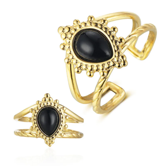 Χρυσό Ατσάλινο Boho Vintage Δαχτυλίδι Black Stone Drop