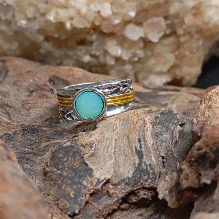 Boho Ασημί Σκαλιστό Δαχτυλίδι με Χρυσές Σειρές & Κρύσταλλο