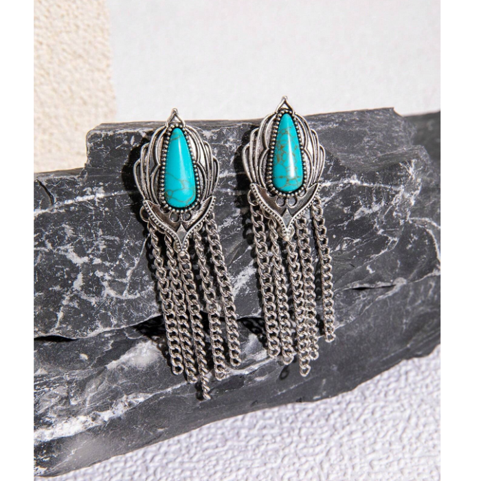 Ασημί Boho Σκουλαρίκια με Τυρκουάζ Πέτρα & Αλυσίδες