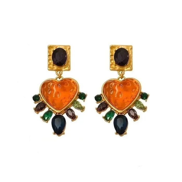 Χρυσά Vintage Σκουλαρίκια Orange Hearts & Rhinestones