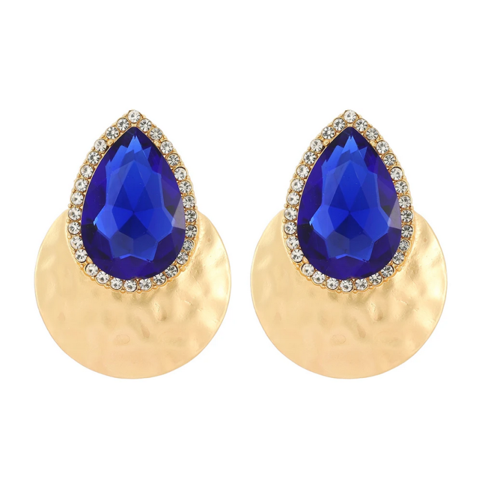 Χρυσά Vintage Σκουλαρίκια Disc Drops με Ζιργκόν & Μπλε Κρύσταλλους