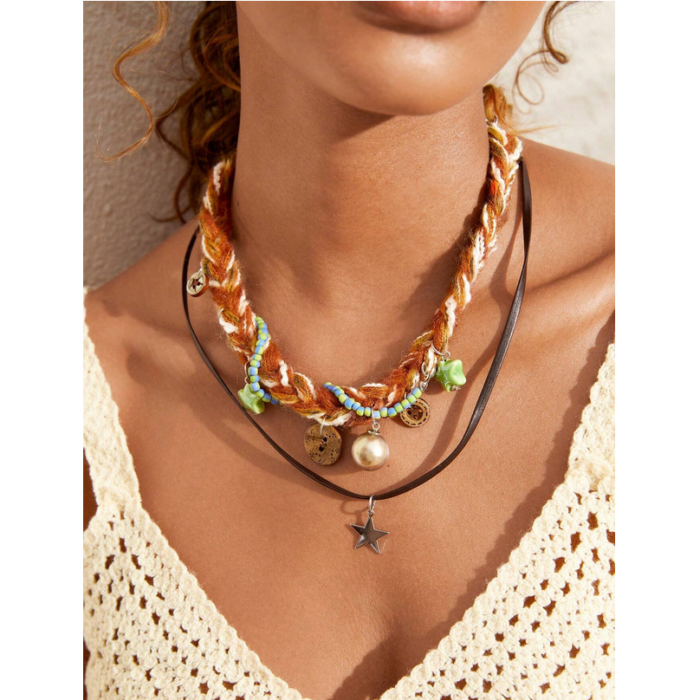 Boho Διπλό Κολιέ Πλεκτή Κοτσίδα με Διακοσμητικά Στοιχεία
